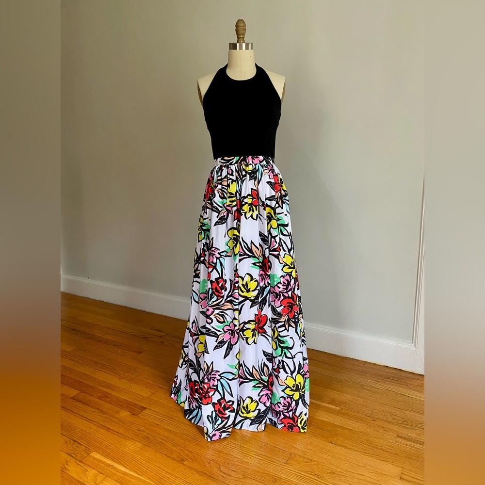 Aiden Mattox | Black & Floral Halter Maxi Gown | Sz 6